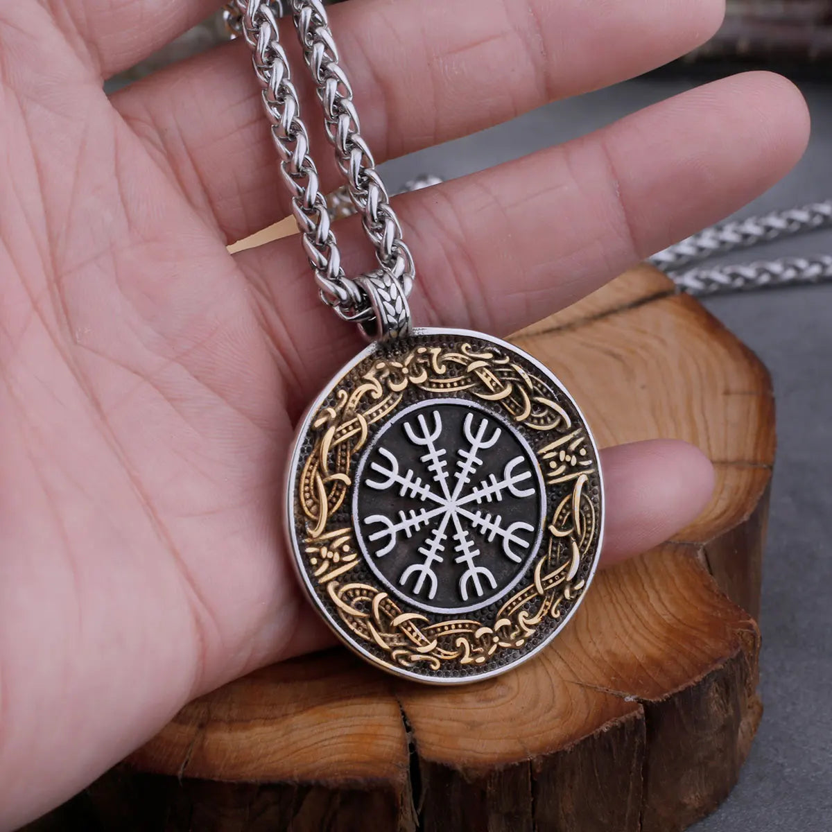 Stainless Steel Men&#39;s Viking Blend Ouroboros Helmet of Awe Necklace